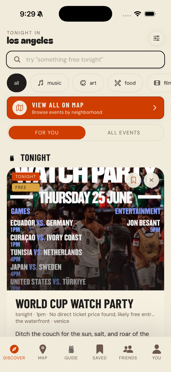 A curated feed of nearby events with a live LA map