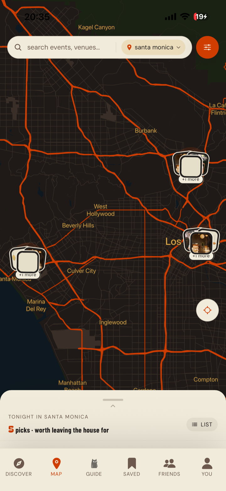 Sidetracked's map of Los Angeles with event pins, styled to match the city